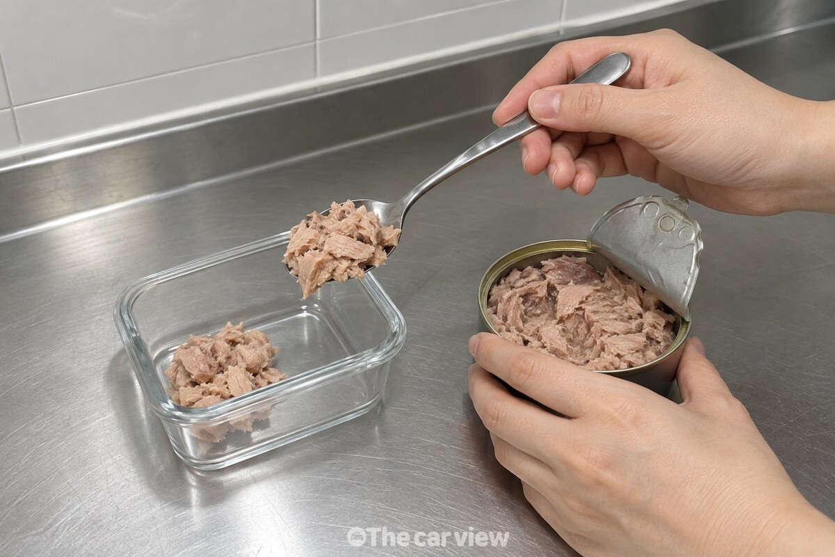 숟가락으로 캔 안쪽 참치만 떠서 작은 밀폐용기에 옮겨 담고 있다. / 기사 이해를 돕기 위한 생성형 이미지