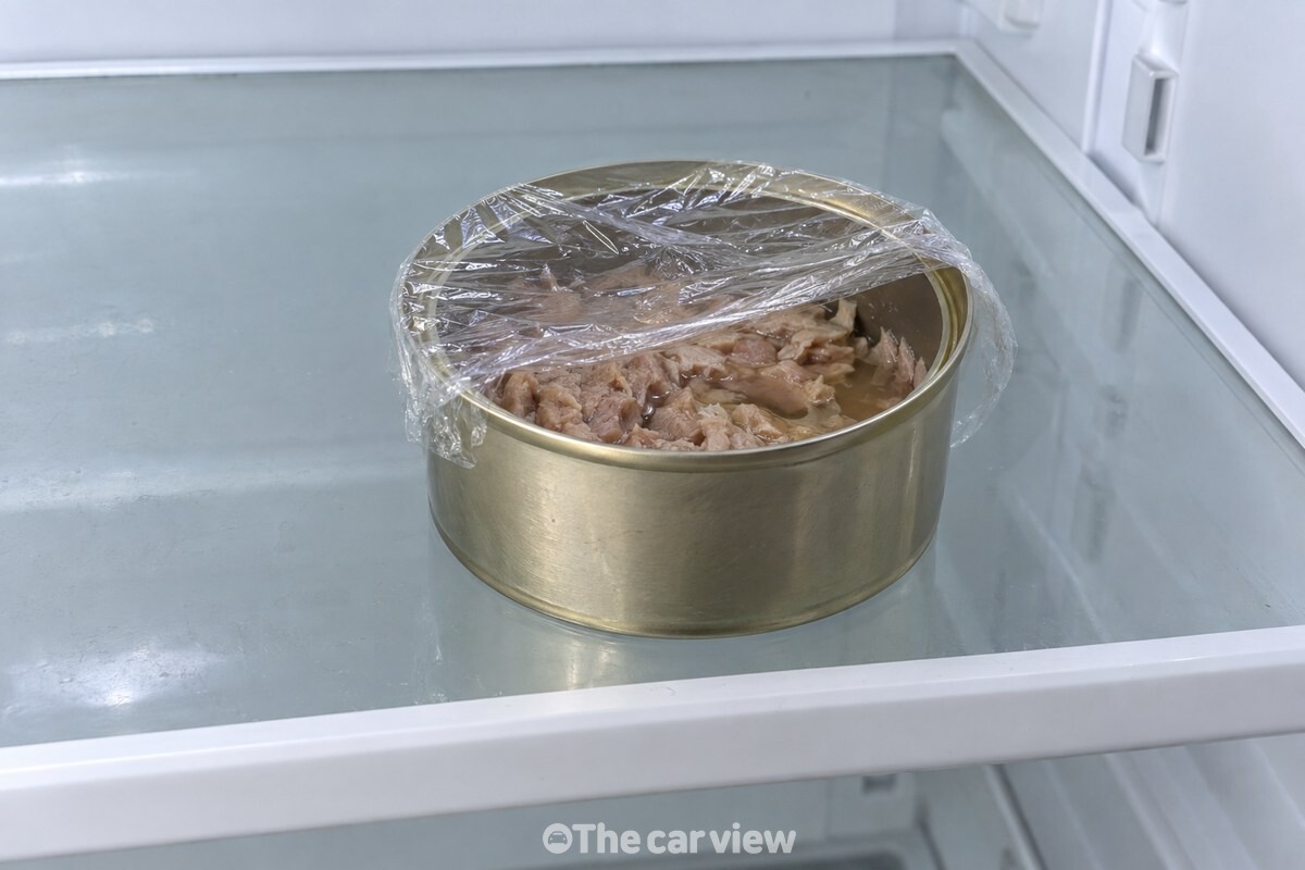 랩을 한 장 씌운 참치캔이 냉장고 선반에 놓여 있고 랩과 캔 사이에 틈이 벌어져 있다. / 기사 이해를 돕기 위한 생성형 이미지