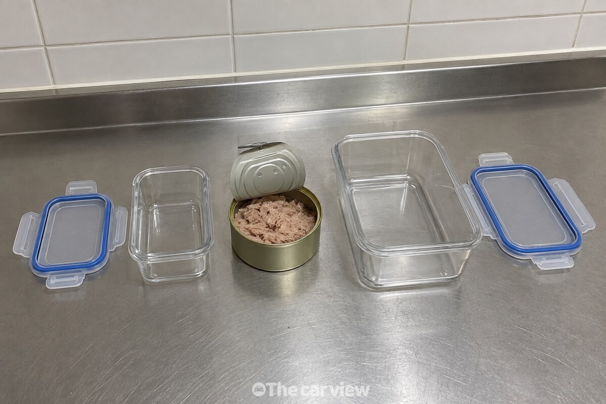 남은 참치 양에 맞춘 가장 작은 반찬통과 그보다 큰 용기를 나란히 놓고 크기를 견주고 있다. / 기사 이해를 돕기 위한 생성형 이미지