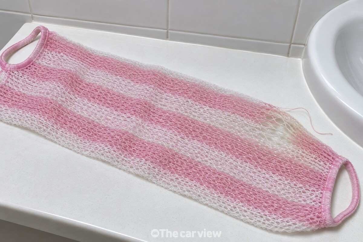한쪽 귀퉁이 그물코가 늘어나고 실이 한 가닥 풀려 나온 샤워타월을 가까이에서 본 모습. / 기사 이해를 돕기 위한 생성형 이미지