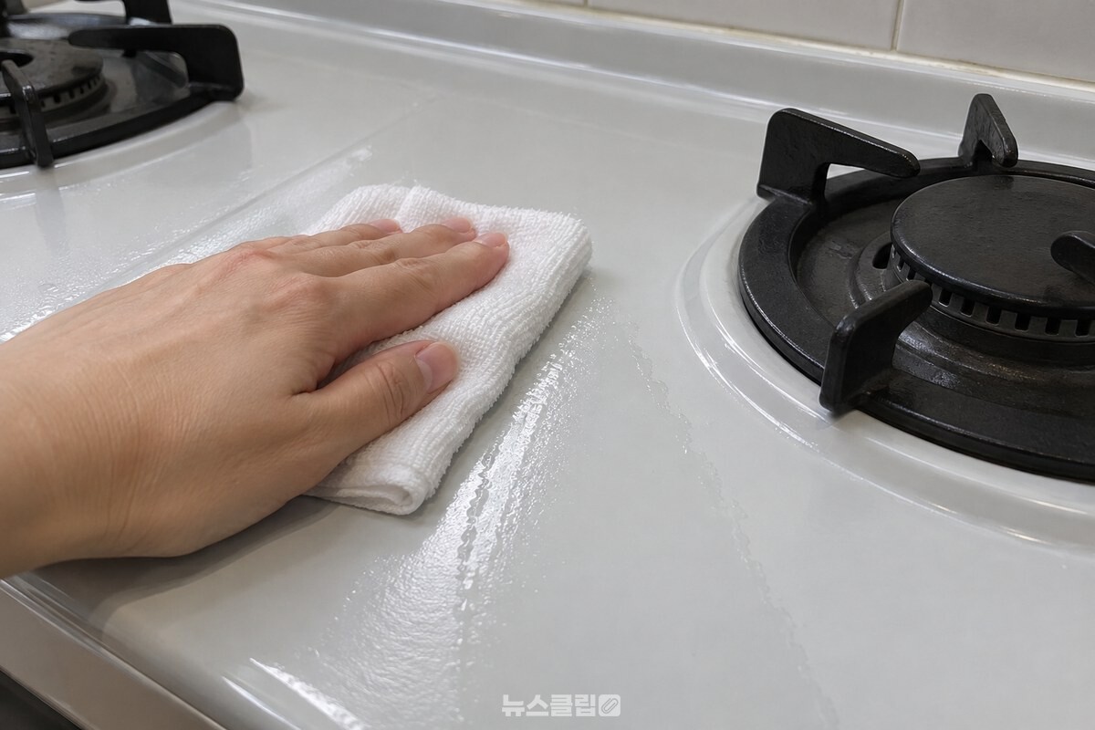 걷어 낸 행주를 손에 쥐고 상판을 한 방향으로 밀어 닦는 모습으로, 지나간 자리는 깨끗하다. / 기사 이해를 돕기 위한 생성형 이미지