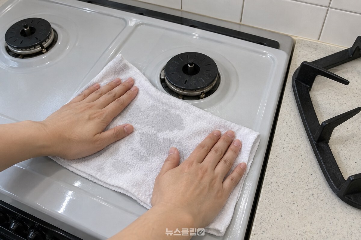 데친 물에 적셔 가볍게 짠 흰 행주를 버너 둘레 상판 위에 펼쳐 덮는 모습이다. / 기사 이해를 돕기 위한 생성형 이미지