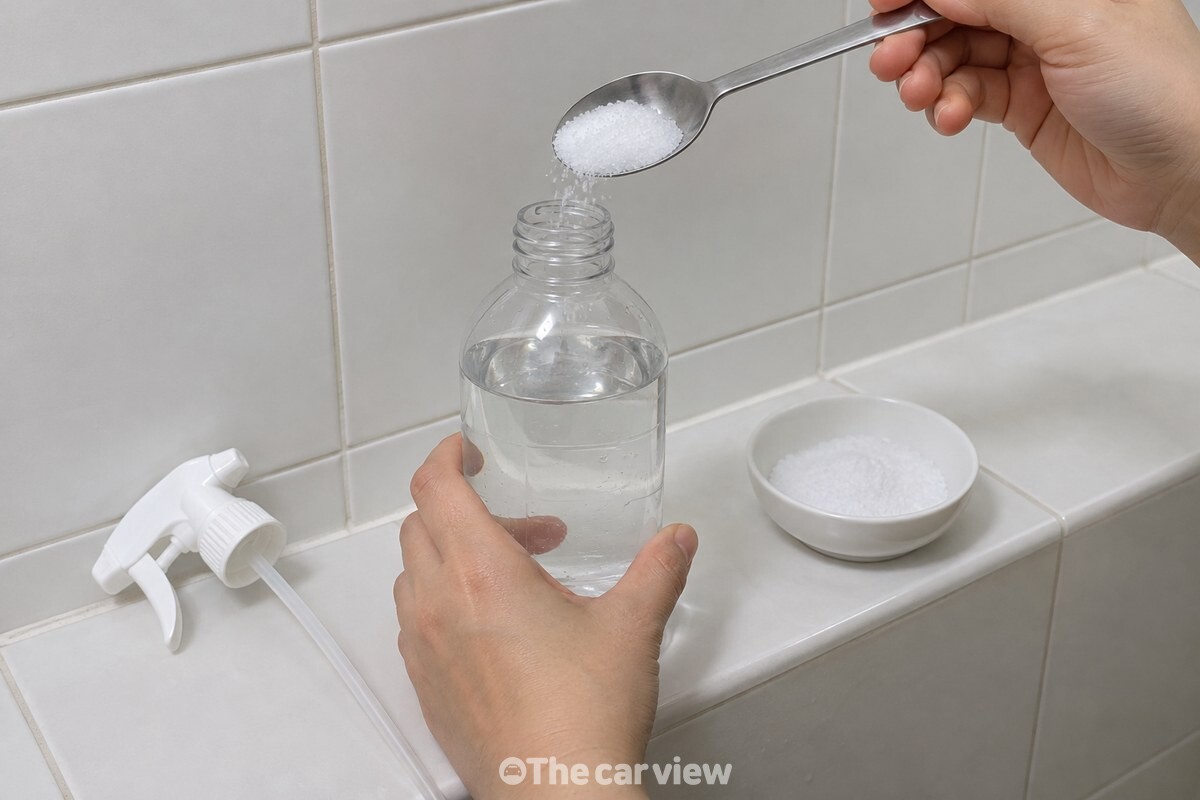 미지근한 물을 담은 흰 분무기에 계량스푼으로 구연산 가루 한 큰술을 넣고 있다. / 기사 이해를 돕기 위한 생성형 이미지