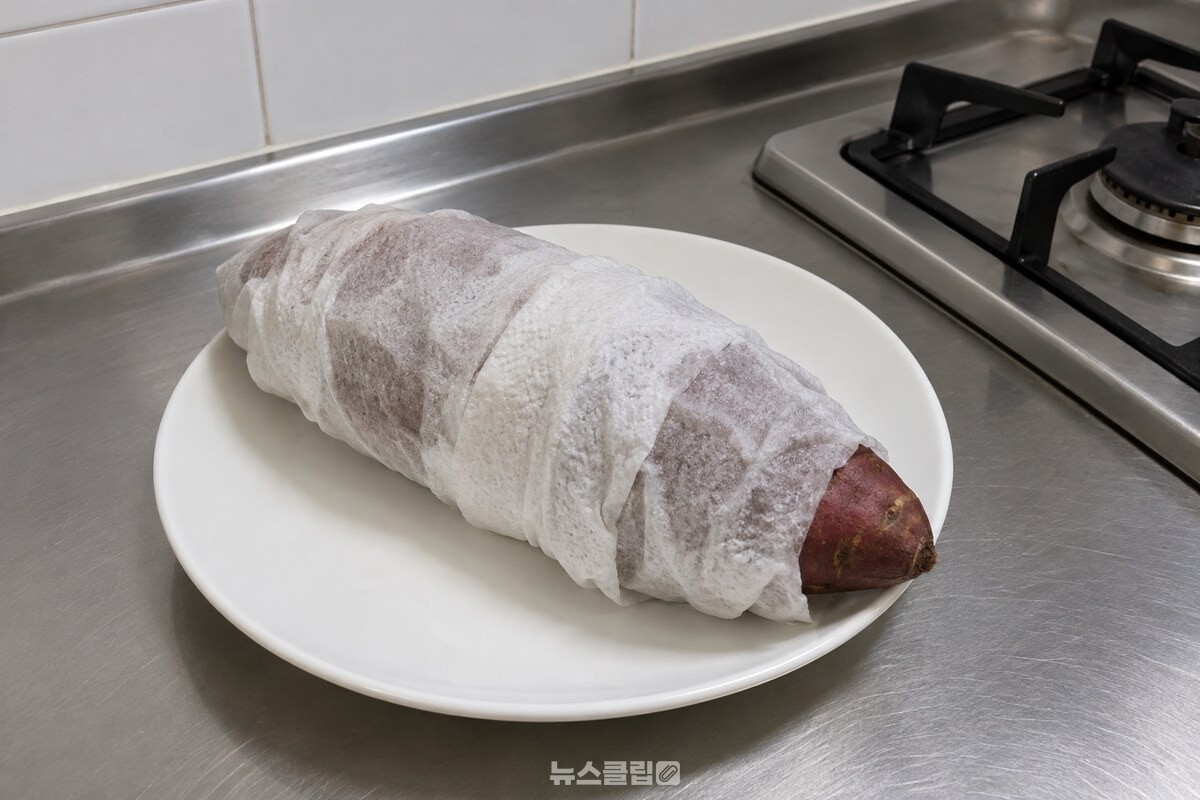젖은 키친타월로 빈틈 없이 감싼 중간 크기 고구마 한 개가 흰 접시에 놓여 있다. / 기사 이해를 돕기 위한 생성형 이미지