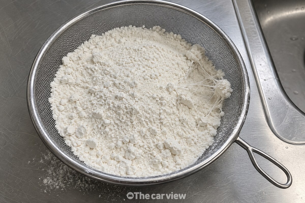 체에 내린 밀가루 표면 한쪽에 실 같은 가는 줄기 몇 가닥이 옅게 엉겨 있다. / 기사 이해를 돕기 위한 생성형 이미지