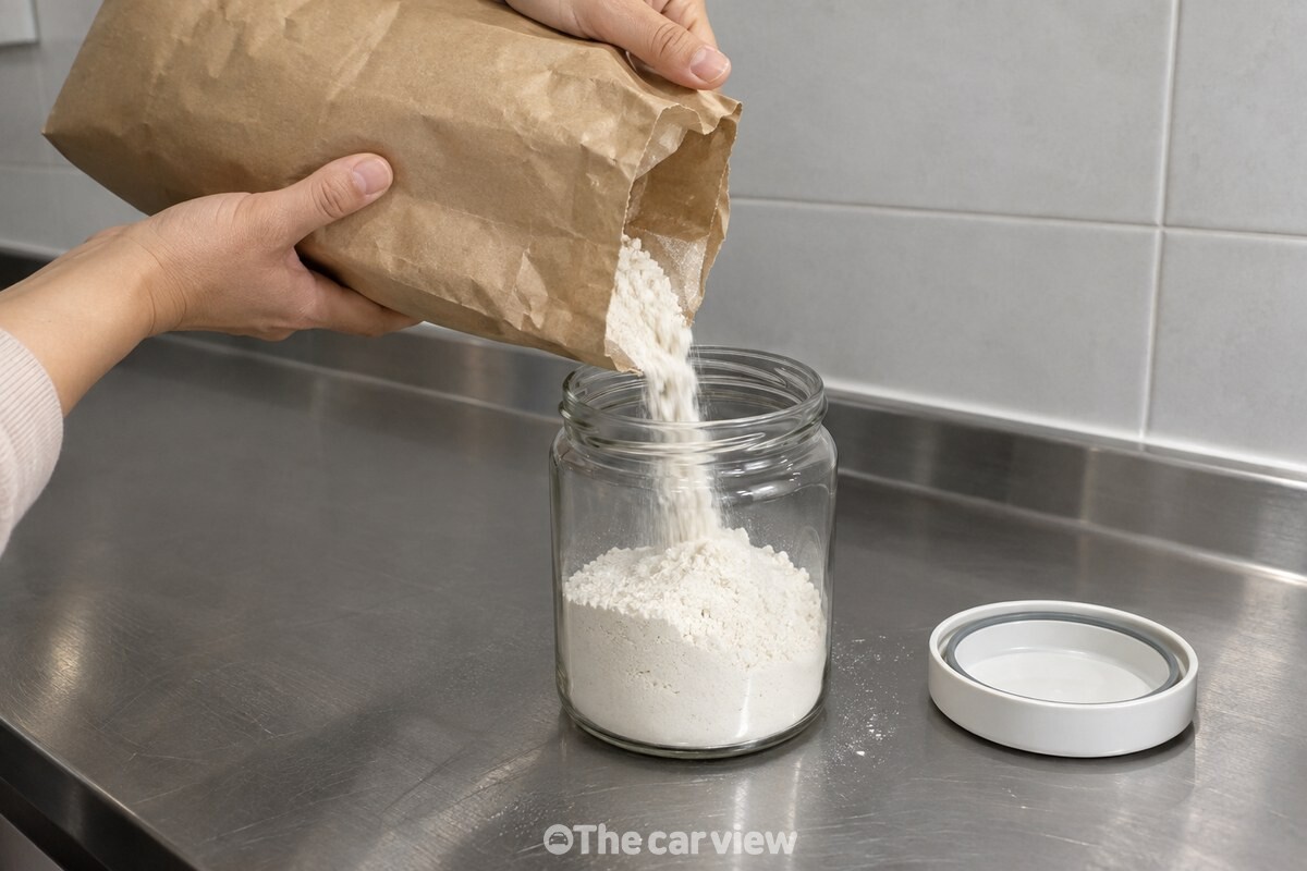 밀가루 봉지를 기울여 유리 밀폐용기에 가루를 옮겨 담고 있다. / 기사 이해를 돕기 위한 생성형 이미지