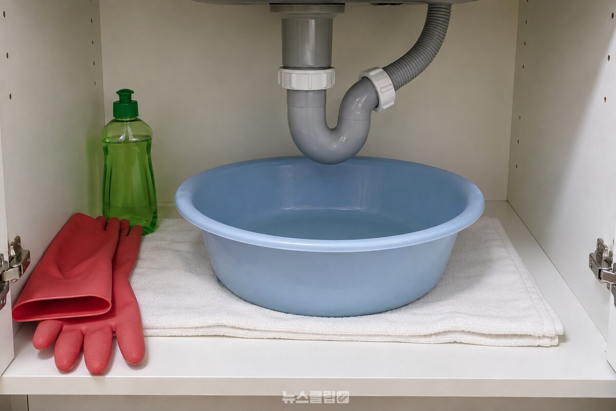하부장을 비우고 바닥에 마른 흰 수건을 깐 뒤 S자 관 아래에 넓은 플라스틱 대야를 받쳐 둔 모습. / 기사 이해를 돕기 위한 생성형 이미지