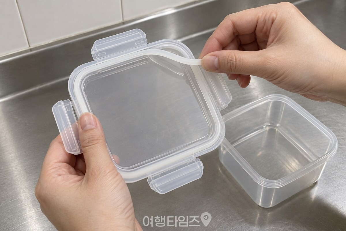 뚜껑을 뒤집어 안쪽 홈에서 반쯤 빼낸 반찬통 고무 패킹을 손으로 들어 올리고 있다. / 기사 이해를 돕기 위한 생성형 이미지