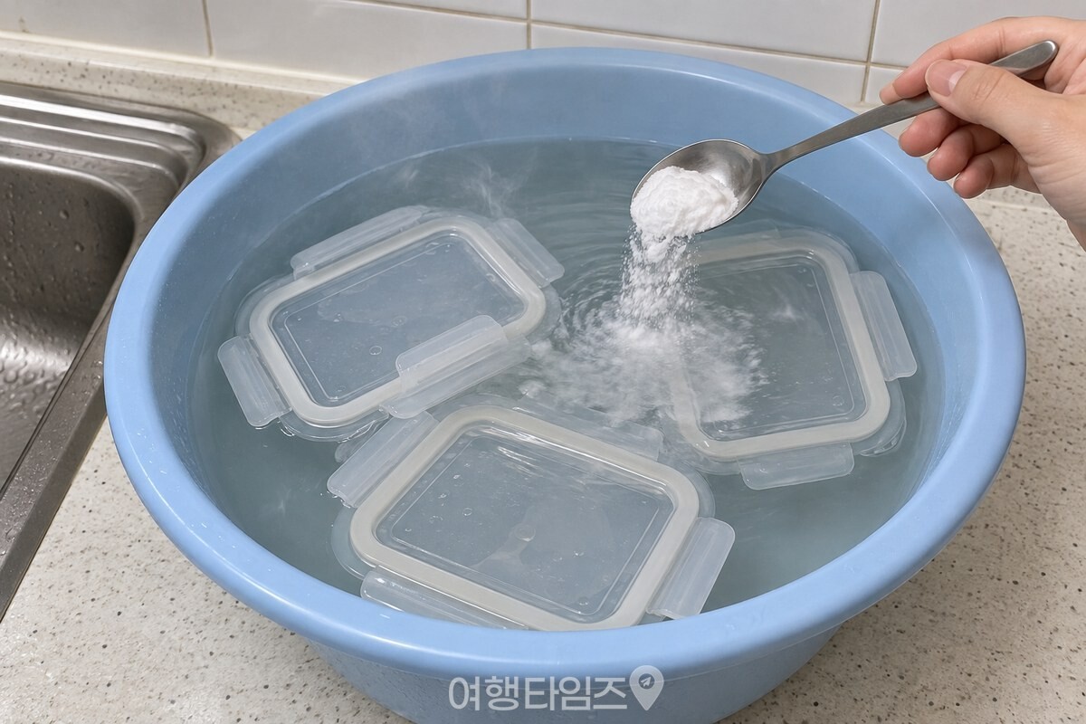따뜻한 물을 받은 대야에 베이킹소다를 숟가락으로 넣고 있고, 물 위에 뚜껑 세 개가 떠 있다. / 기사 이해를 돕기 위한 생성형 이미지