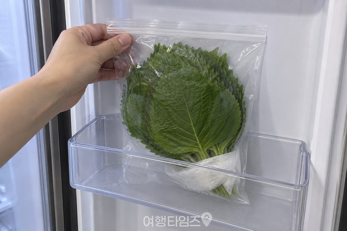 공기를 빼고 잠근 지퍼백을 한국 가정의 양문형 냉장고 문 쪽 선반에 세워서 넣고 있다. / 기사 이해를 돕기 위한 생성형 이미지
