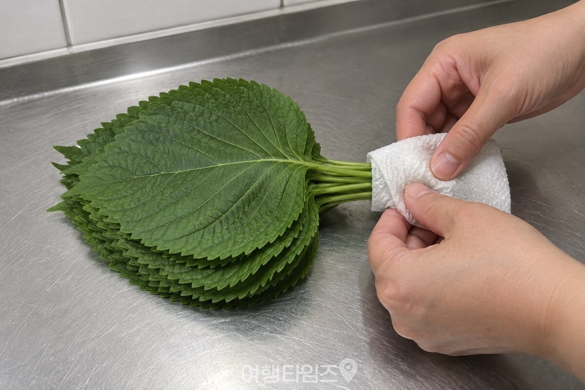 꽉 짠 키친타월로 깻잎 줄기 끝 2~3cm만 감싸고 잎 쪽으로는 타월이 올라오지 않게 두었다. / 기사 이해를 돕기 위한 생성형 이미지