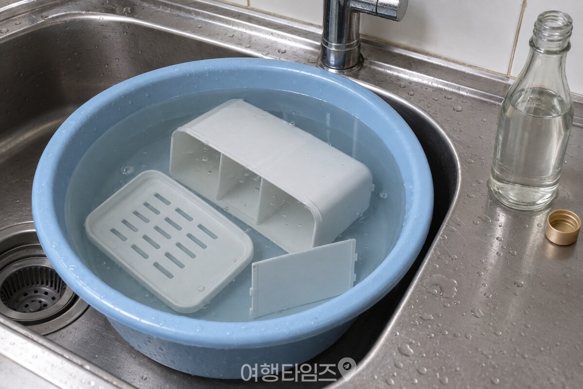 물을 채운 대야에 분리한 수저통 몸통과 뚜껑, 칸막이가 잠겨 있고 옆에 식초병이 놓여 있다. / 기사 이해를 돕기 위한 생성형 이미지