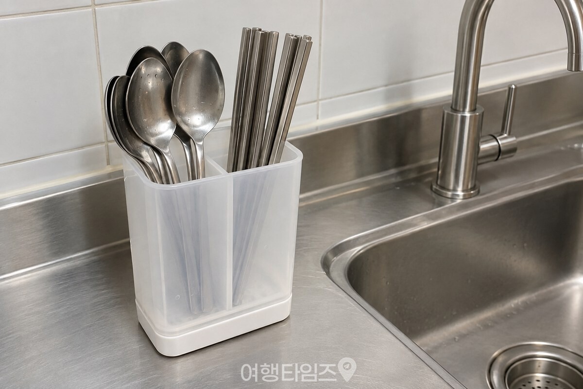싱크대 상판 위에 놓인 흰 플라스틱 수저통에 숟가락과 젓가락이 꽂혀 있다. / 기사 이해를 돕기 위한 생성형 이미지