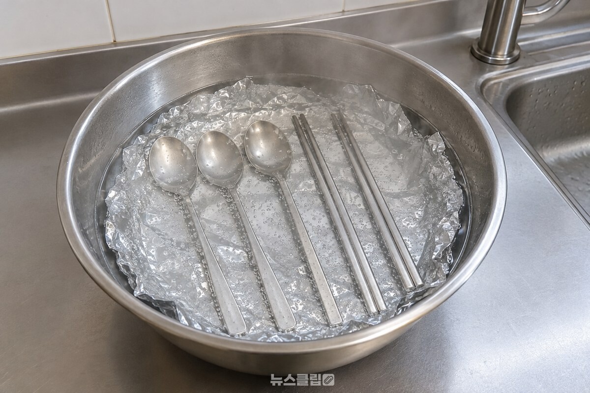 스테인리스 볼 바닥에 깐 쿠킹호일 위에 은수저를 한 줄로 올리고 뜨거운 물을 부은 모습. / 기사 이해를 돕기 위한 생성형 이미지