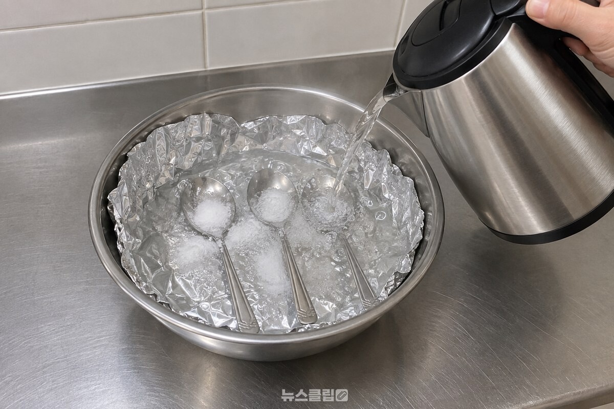 베이킹소다를 뿌린 은수저 위로 주전자의 뜨거운 물을 부어 수저가 잠기게 하는 모습. / 기사 이해를 돕기 위한 생성형 이미지