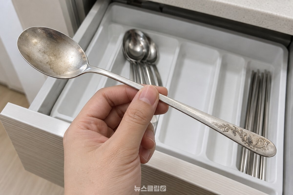 오래 넣어 두어 손잡이와 오목한 안쪽이 거뭇하게 변한 은수저를 손으로 들어 보인 모습. / 기사 이해를 돕기 위한 생성형 이미지