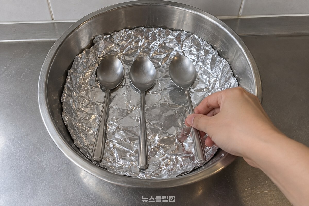 호일을 깐 그릇 바닥에 은수저를 겹치지 않게 한 줄로 내려놓는 손. / 기사 이해를 돕기 위한 생성형 이미지