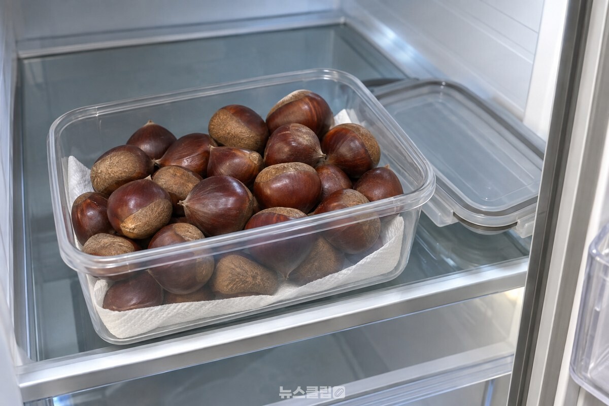 키친타월을 깐 밀폐용기에 생밤을 담아 냉장 보관하는 모습 / 기사 이해를 돕기 위한 생성형 이미지