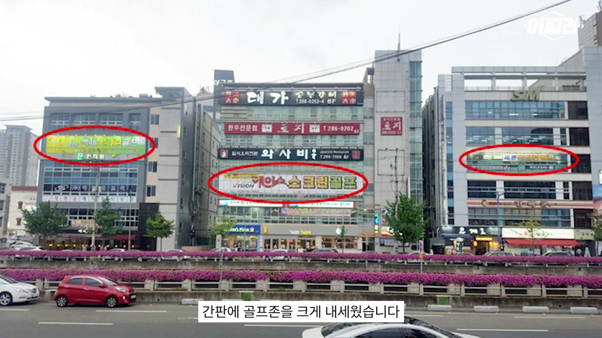 도로변에 위치한 여러 건물의 외벽에 골프존 간판이 여러 개 달려 있는 모습이며, 빨간색 원으로 각 간판을 강조 표시하고 있다.