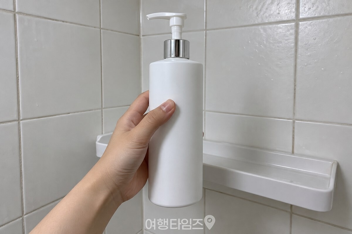 욕실 선반에서 꺼낸 샴푸 펌프 통을 손으로 들고 있고, 뒤로 흰 타일 벽이 보인다. / 기사 이해를 돕기 위한 생성형 이미지