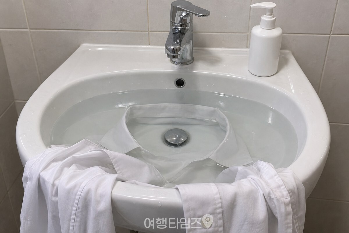 세면대에 받은 미지근한 물에 흰 셔츠의 목깃 부분이 잠겨 있고, 옆에 샴푸 통이 놓여 있다. / 기사 이해를 돕기 위한 생성형 이미지