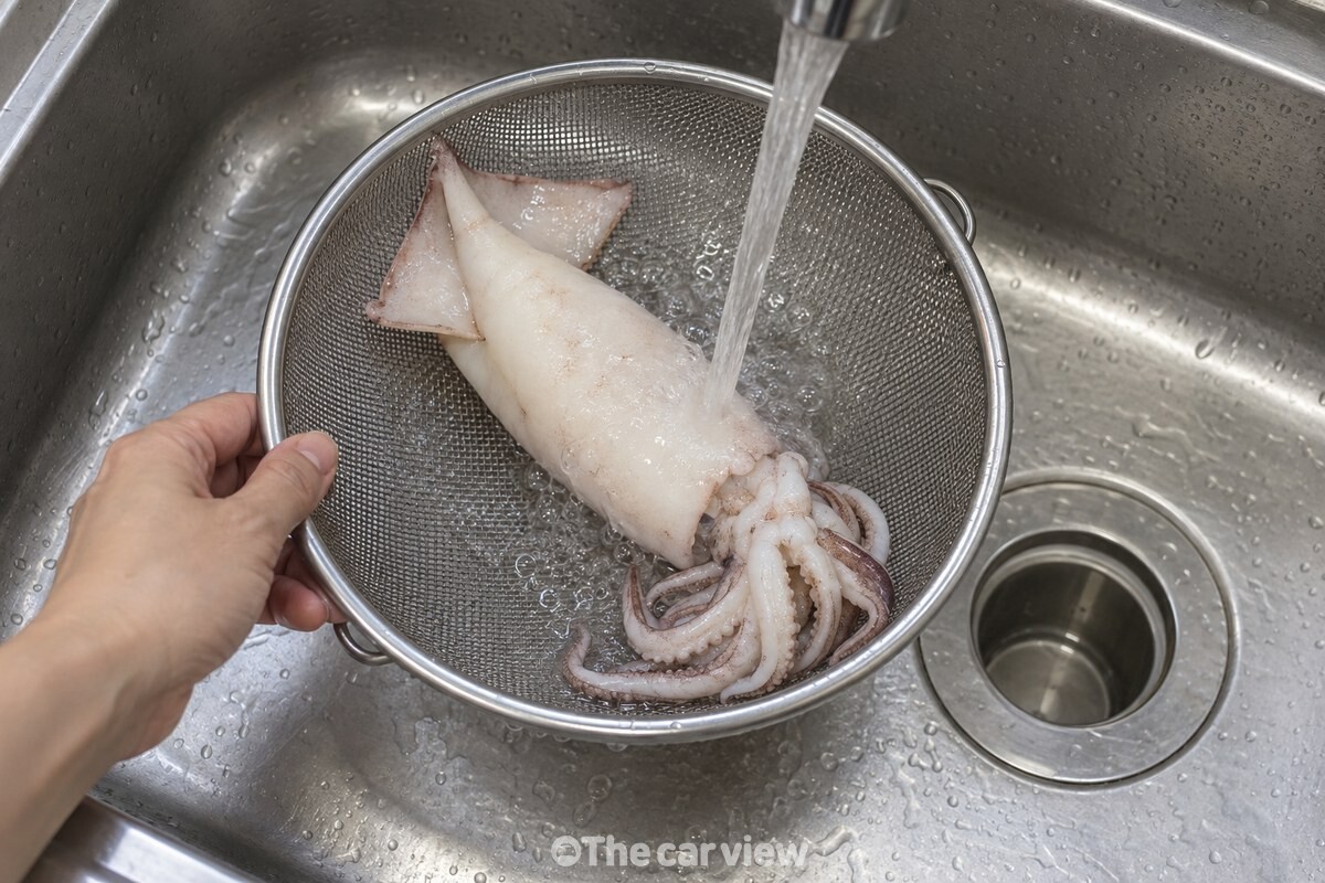 데친 오징어를 스테인리스 싱크대의 채반에 올려 흐르는 찬물로 헹구고 있다. / 기사 이해를 돕기 위한 생성형 이미지