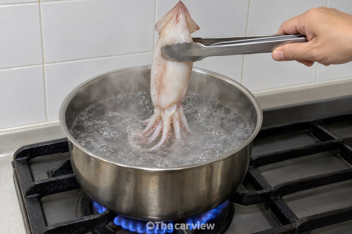 세차게 끓는 물 위로 오징어를 집게로 내리는 순간이 보인다. / 기사 이해를 돕기 위한 생성형 이미지