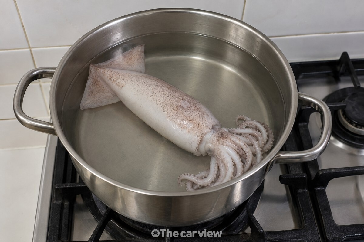 찬물을 부은 냄비에 손질한 오징어 한 마리를 통째로 넣고 아직 불을 켜지 않은 상태다. / 기사 이해를 돕기 위한 생성형 이미지