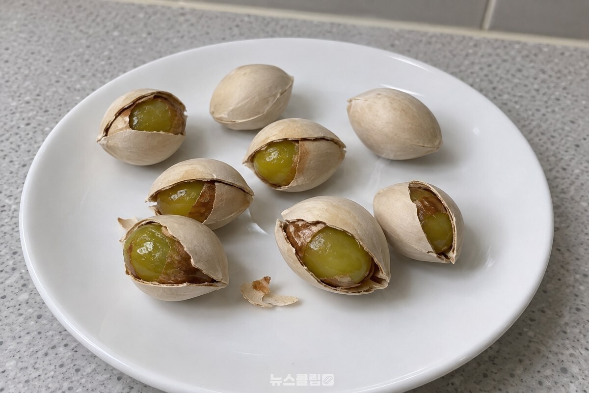 열을 받은 은행 껍데기가 가장자리 이음매를 따라 갈라져 안쪽 알맹이가 보인다. / 기사 이해를 돕기 위한 생성형 이미지