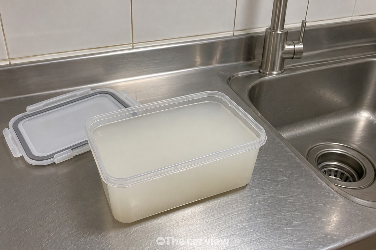 뚜껑을 연 사각 반찬통에 뿌연 쌀뜨물이 가장자리까지 채워져 있다. / 기사 이해를 돕기 위한 생성형 이미지