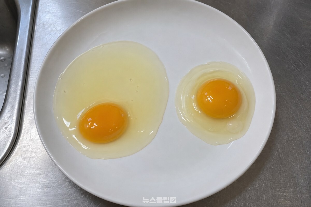 흰 접시에 깨 놓은 계란 두 개로, 왼쪽은 흰자가 넓게 퍼지고 오른쪽은 노른자가 솟고 흰자가 둘레에 뭉쳐 있다. / 기사 이해를 돕기 위한 생성형 이미지