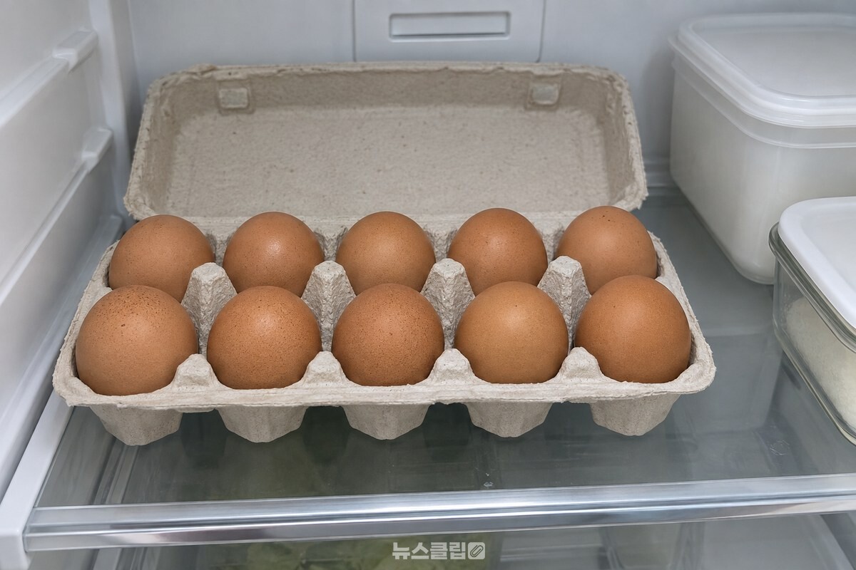 계란 열 개들이 종이 팩을 뾰족한 쪽이 아래로 가게 담아 냉장실 안쪽 선반에 밀어 넣은 모습. / 기사 이해를 돕기 위한 생성형 이미지
