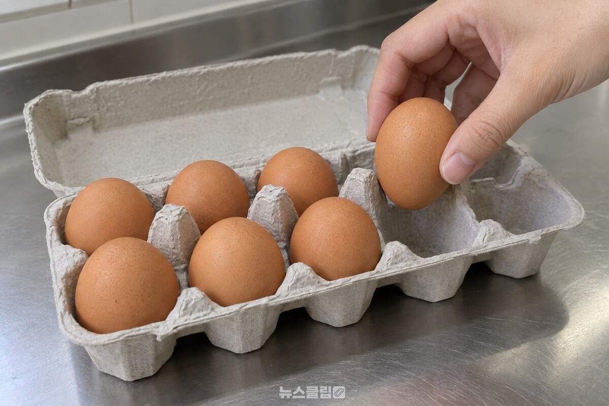 종이 팩에 계란을 뾰족한 쪽이 아래로 가게 한 개씩 세워 담는 손. / 기사 이해를 돕기 위한 생성형 이미지