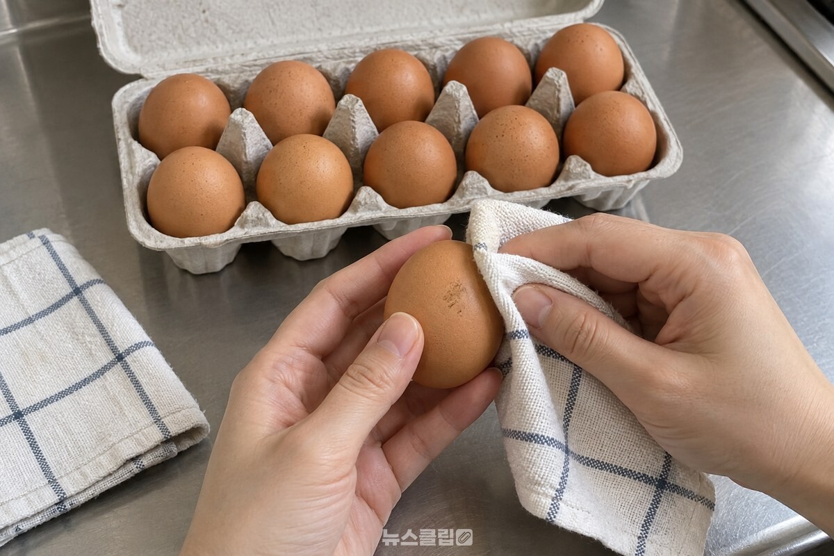 종이 팩 옆에 마른 행주를 두고 계란 한 개의 껍데기를 손으로 잡아 가볍게 닦는 모습. / 기사 이해를 돕기 위한 생성형 이미지