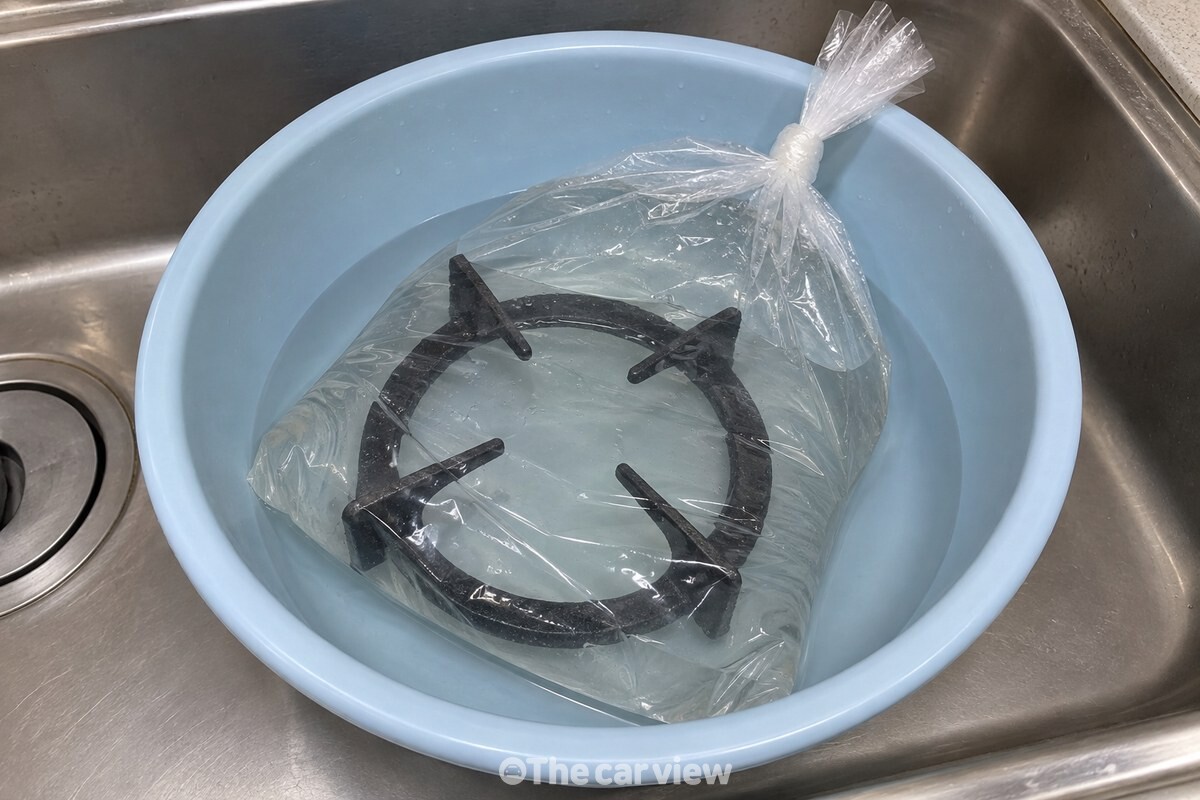 물과 삼발이를 담은 비닐봉지의 공기를 빼고 입구를 묶어 대야에 눕혀 둔 모습. / 기사 이해를 돕기 위한 생성형 이미지