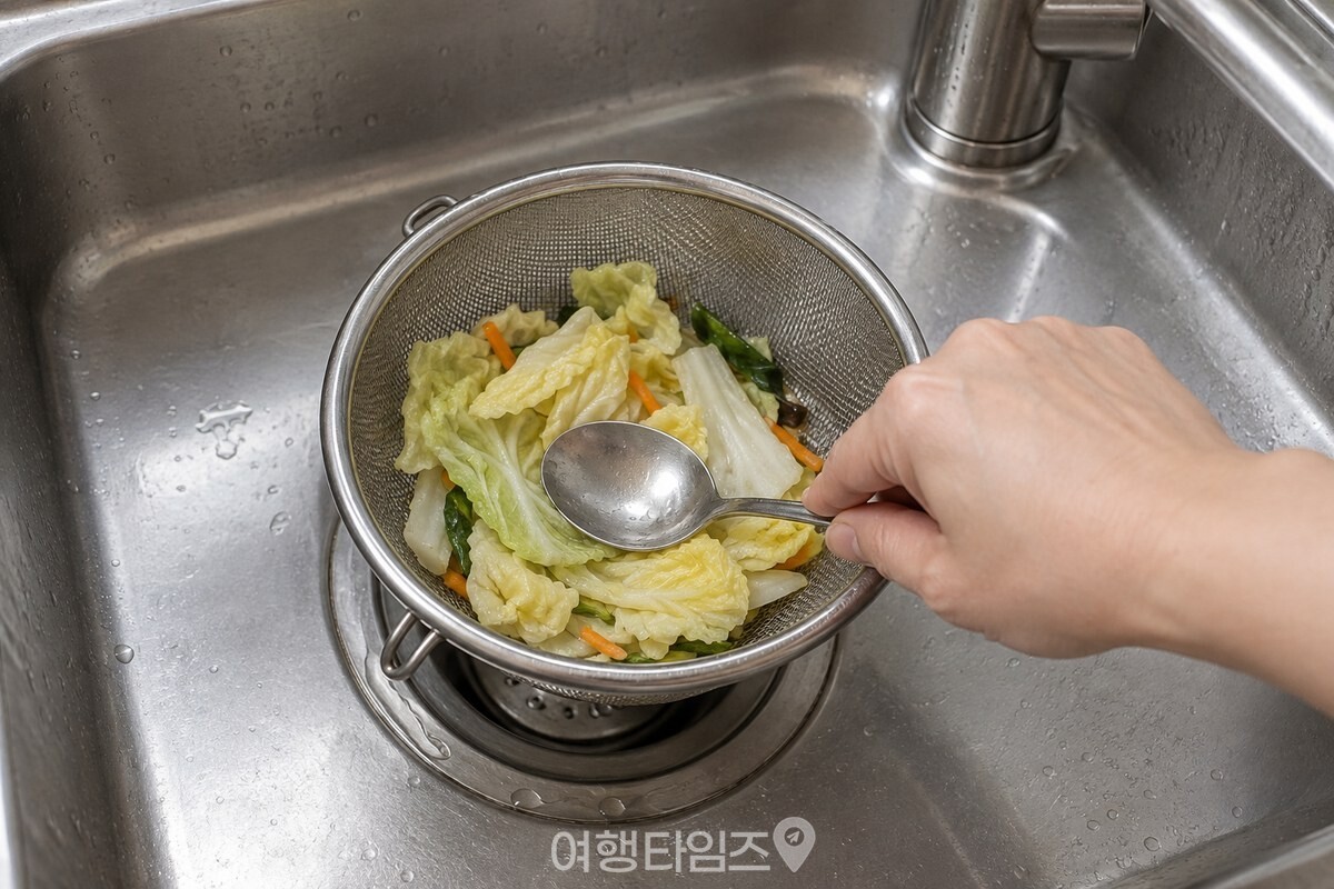 개수대 거름망 위에서 음식물의 물기를 충분히 뺀 모습. / 기사 이해를 돕기 위한 생성형 이미지