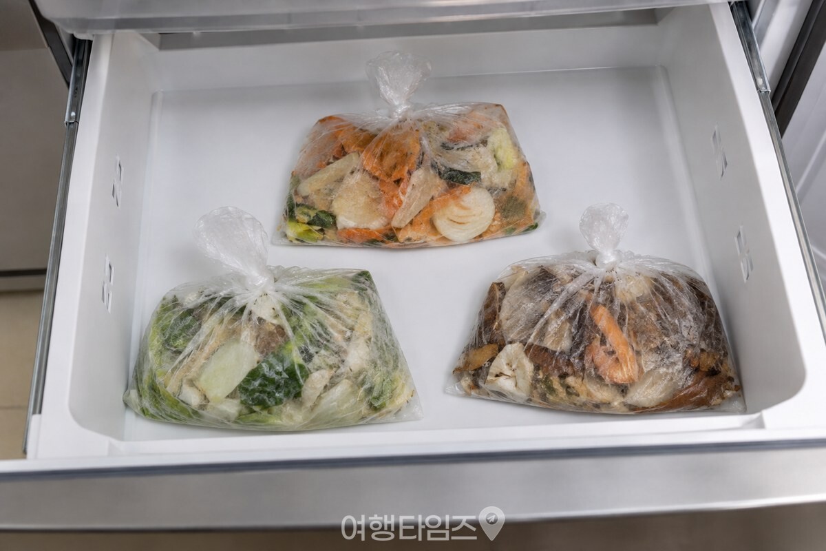 냉동실 한 칸에 하루치씩 묶은 음식물 봉지를 얇게 펴 보관한 모습. / 기사 이해를 돕기 위한 생성형 이미지