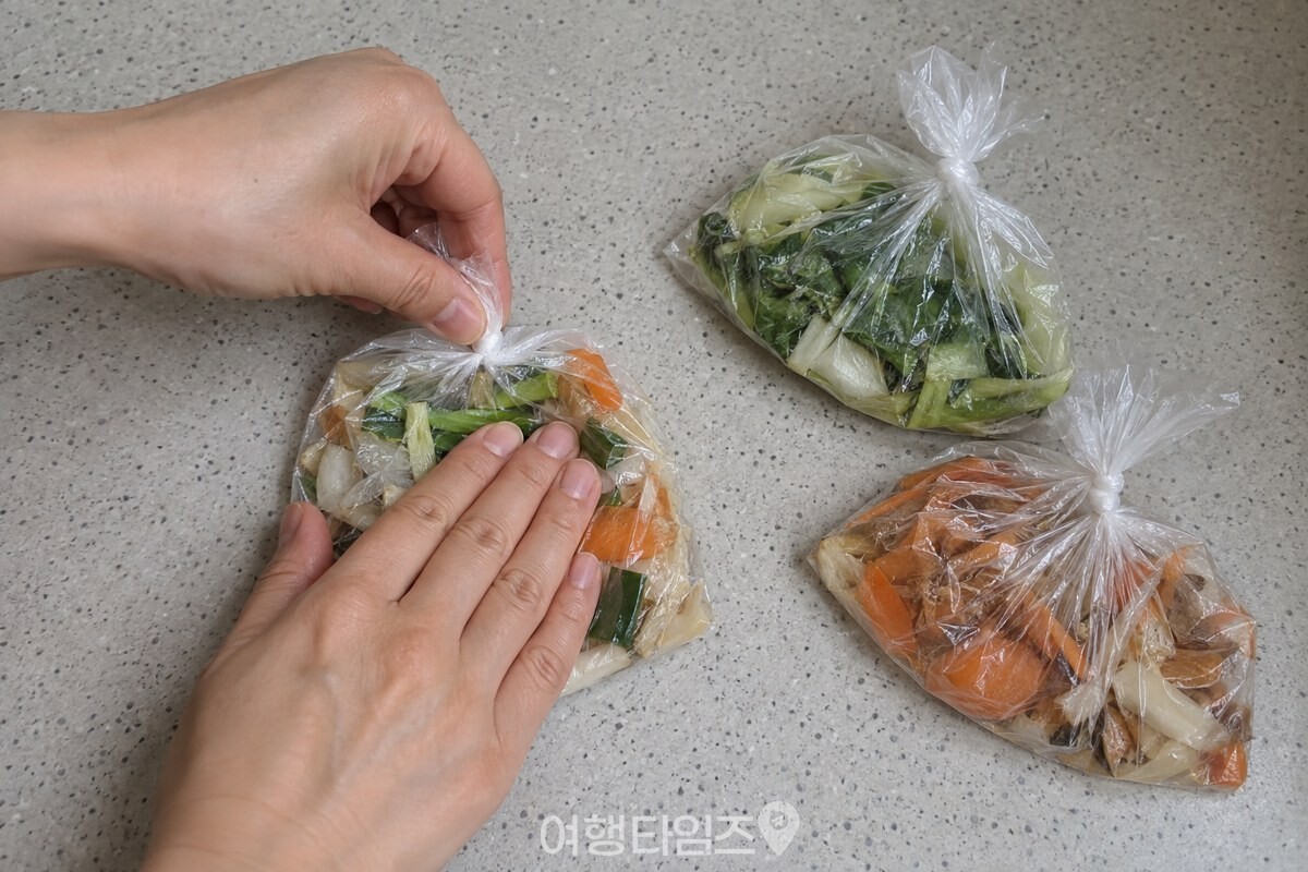 물기를 뺀 음식물을 작은 봉지에 나눠 얇게 펴고 입구를 묶는 모습. / 기사 이해를 돕기 위한 생성형 이미지