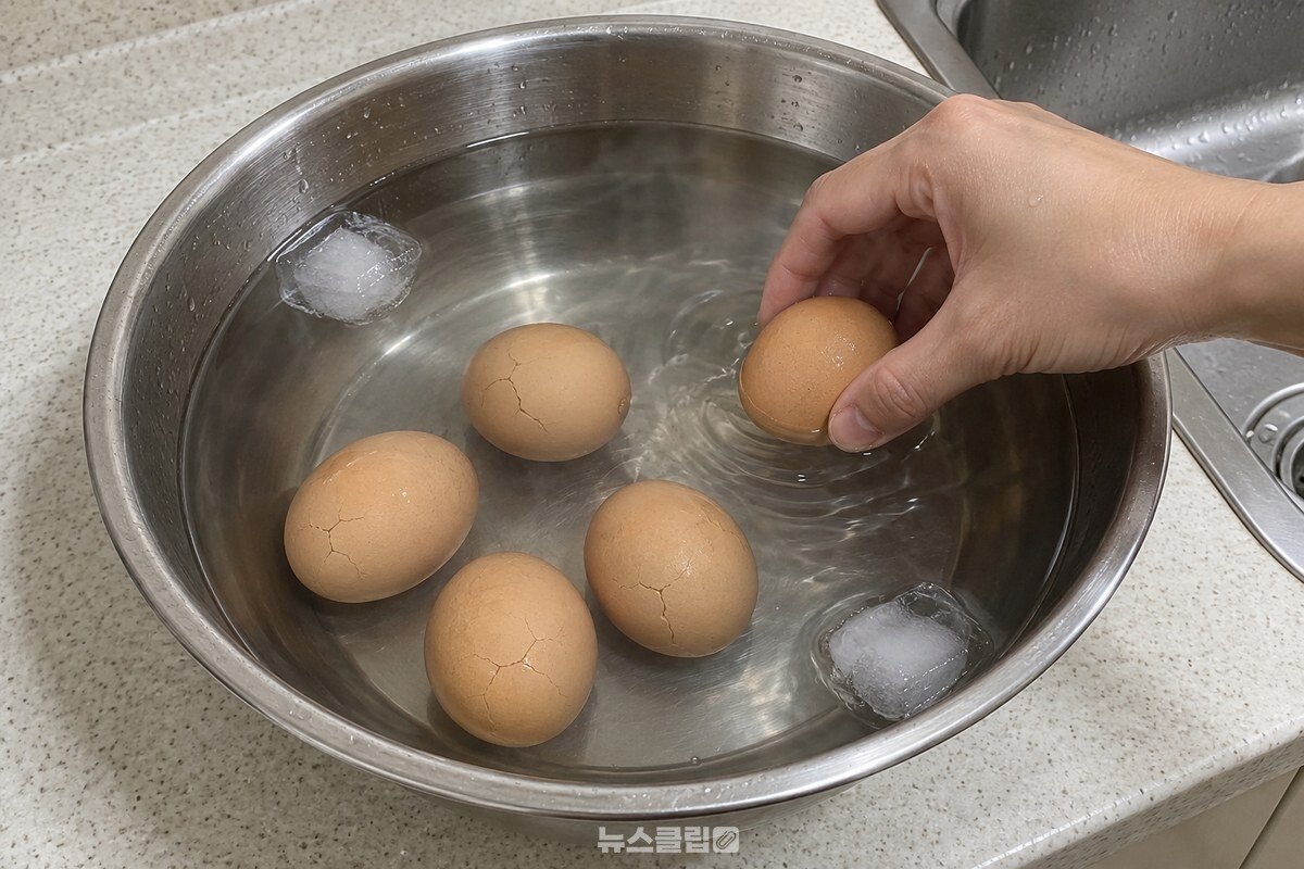 금이 살짝 간 삶은 계란들이 찬물을 받은 대야 안에 잠겨 있고, 손이 한 개를 막 내려놓고 있다. / 기사 이해를 돕기 위한 생성형 이미지