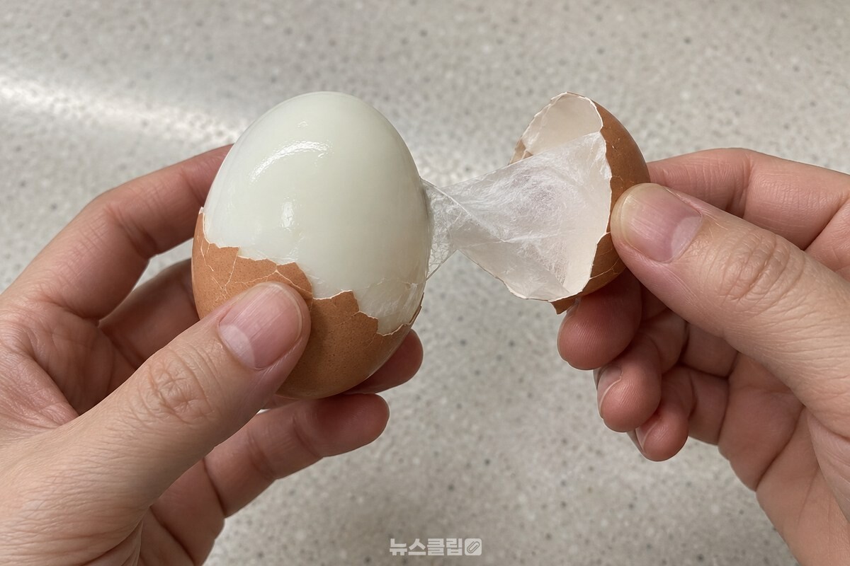 반쯤 껍데기를 벗긴 삶은 계란을 손에 들고 있고, 벗겨진 껍데기 안쪽에 얇은 막이 붙어 있다. / 기사 이해를 돕기 위한 생성형 이미지