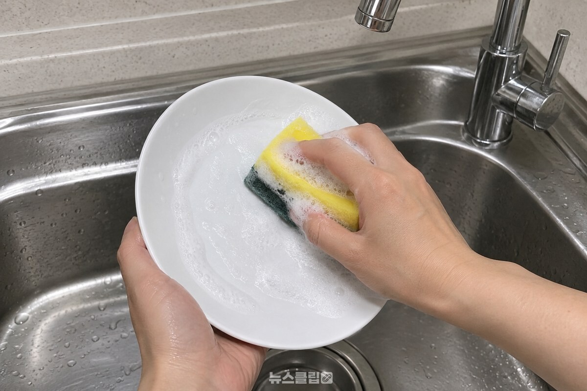 설거지를 하던 손이 초록 스크러버와 노란 스펀지가 붙은 수세미를 쥐고 스테인리스 볼 위에서 흰 접시를 닦고 있다. / 기사 이해를 돕기 위한 생성형 이미지