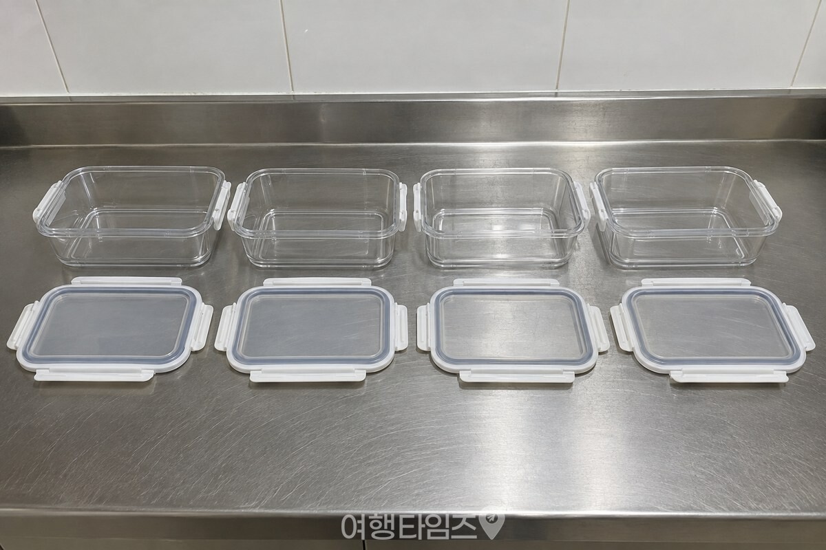 바닥이 넓고 높이가 낮은 빈 밀폐용기 네 개와 뚜껑을 주방 상판에 늘어놓았다. / 기사 이해를 돕기 위한 생성형 이미지