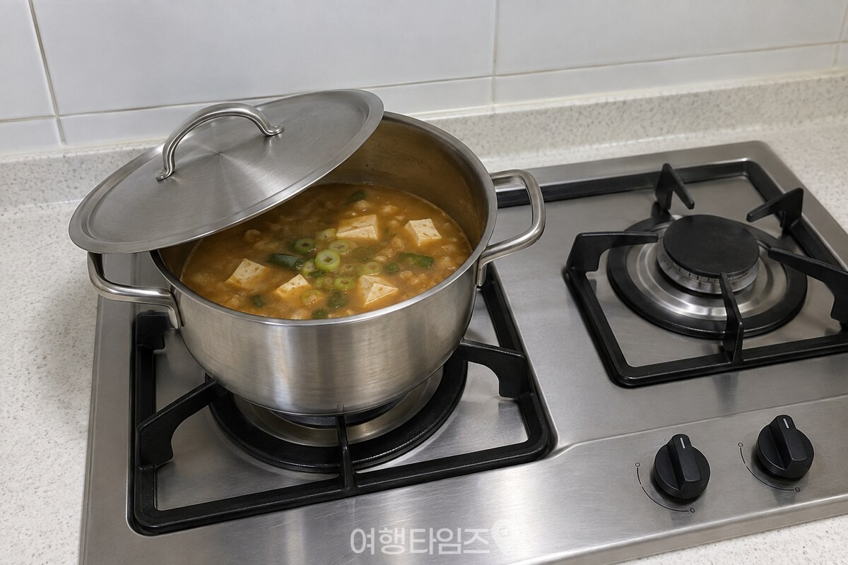 불이 꺼진 가스레인지 위에 뚜껑을 반쯤 덮은 냄비가 그대로 놓여 있고, 안에는 먹고 남은 찌개가 절반쯤 남아 있다. / 기사 이해를 돕기 위한 생성형 이미지