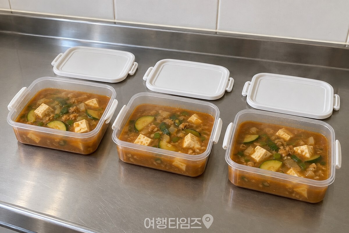 얕은 사각 밀폐용기 세 개에 한두 그릇 분량씩 나눠 담긴 된장찌개가 주방 상판에 놓여 있다. / 기사 이해를 돕기 위한 생성형 이미지