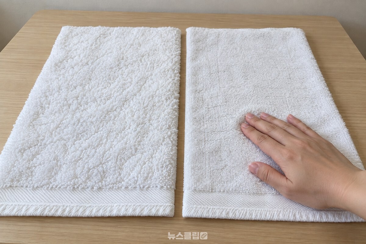 두 장의 흰 수건을 나란히 놓고 손가락으로 표면을 쓸어, 고리가 서 있는 쪽과 눌려 납작해진 쪽의 결을 비교하고 있다. / 기사 이해를 돕기 위한 생성형 이미지