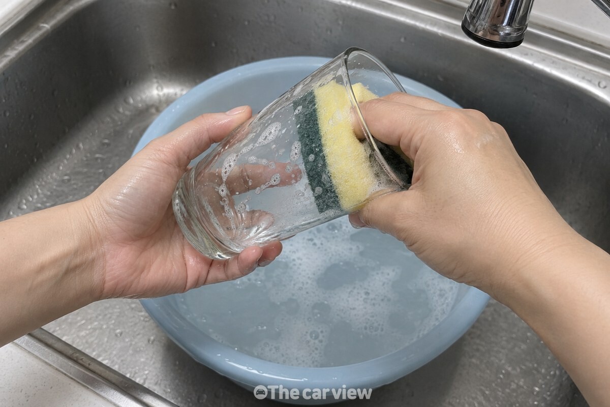 세제 물에 담갔다 짠 수세미로 유리컵 안쪽을 돌려 닦는 모습으로, 거품은 얇게만 올라와 있다. / 기사 이해를 돕기 위한 생성형 이미지
