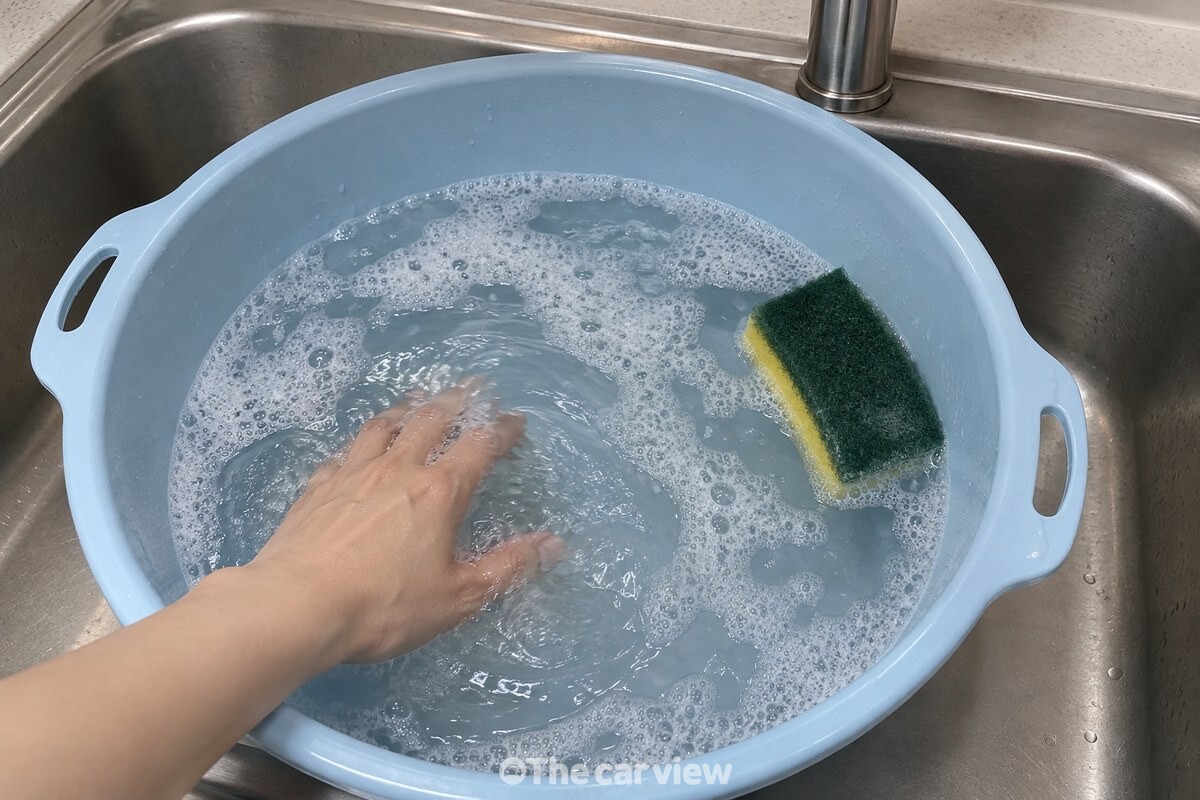스테인리스 싱크볼 옆 큰 플라스틱 대야에 물을 받고 주방세제를 조금 풀어 손으로 저은 상태다. / 기사 이해를 돕기 위한 생성형 이미지