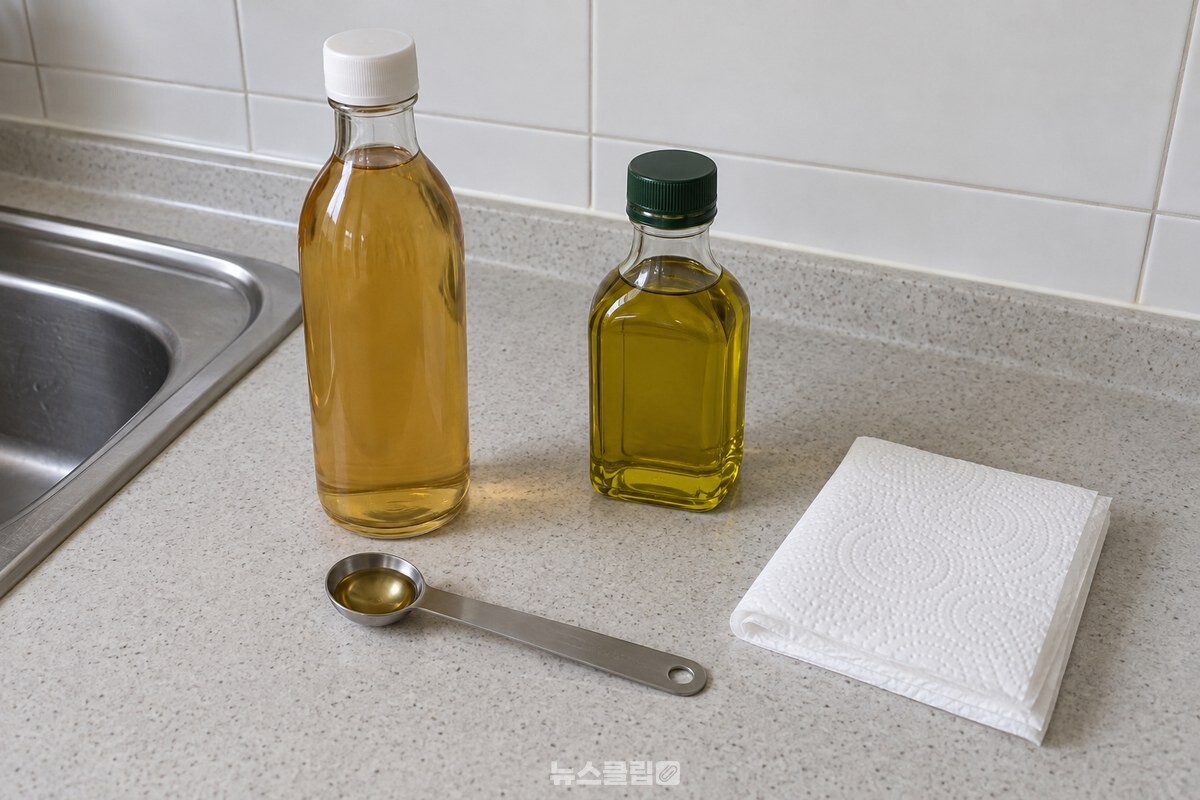 양조식초 병과 반 티스푼을 담은 계량스푼, 키친타월, 정제 올리브유를 조리대에 나란히 둔 모습. / 기사 이해를 돕기 위한 생성형 이미지