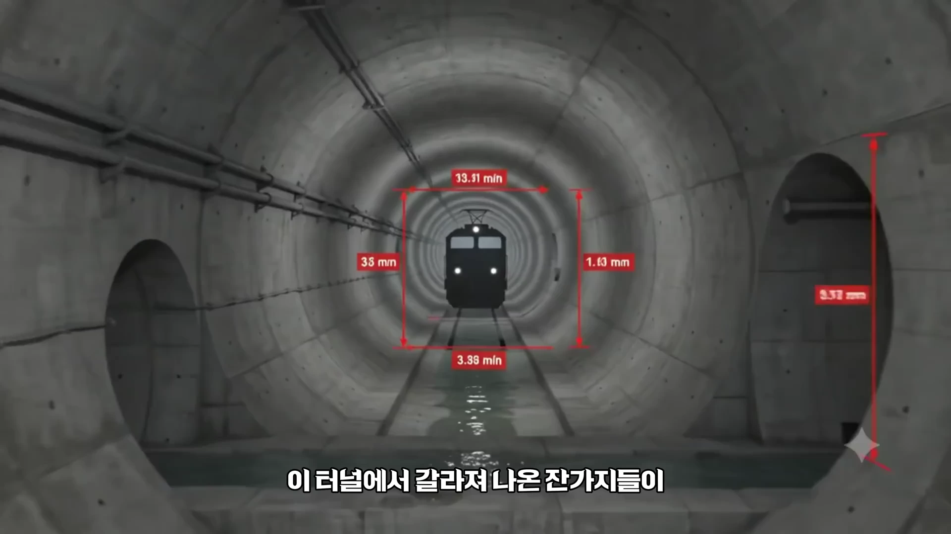콘크리트로 된 거대한 원형 터널 내부를 보여주는 그래픽으로, 정면에는 기차 실루엣이 있고 치수를 나타내는 붉은색 화살표와 문구가 표시되어 있습니다.