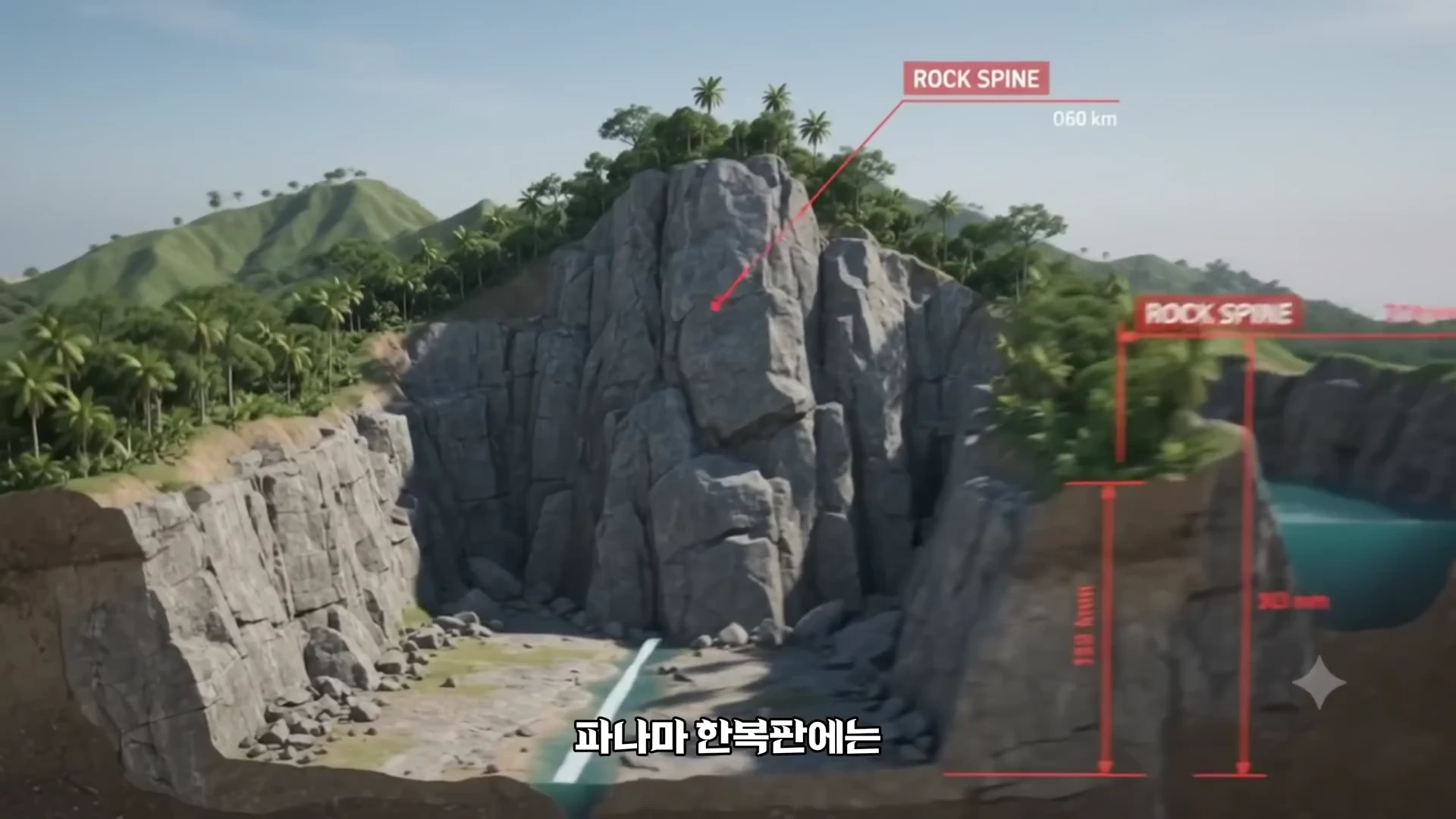 파나마 운하 건설 현장의 단면도를 보여주는 3D 그래픽으로 거대한 바위산인 '록 스파인(Rock Spine)'이 지형을 가로막고 있는 모습이 담겨 있다.